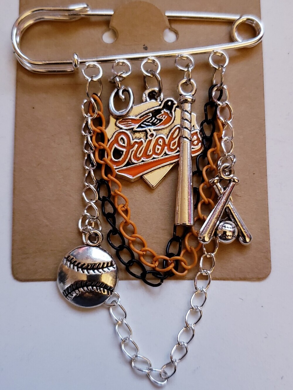 Handmade Baltimore Orioles Charm Safety Pin Brooch